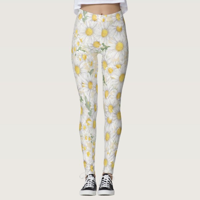 Legging padrão de flores brancas em aquarela (Frente)