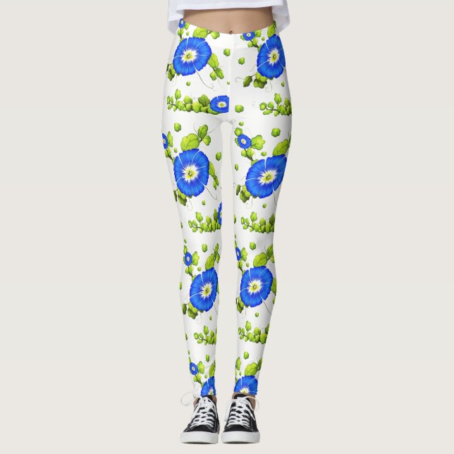 Legging Padrão de Flores da Glória da Manhã Azul (Frente)