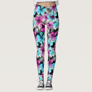 Legging Padrão de Flores de Cor-de-Água Preta Azul Cor-de-