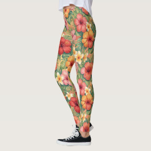 Legging Padrão de flores decorativas havaianas aloha
