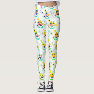 Legging padrão de flores e aves