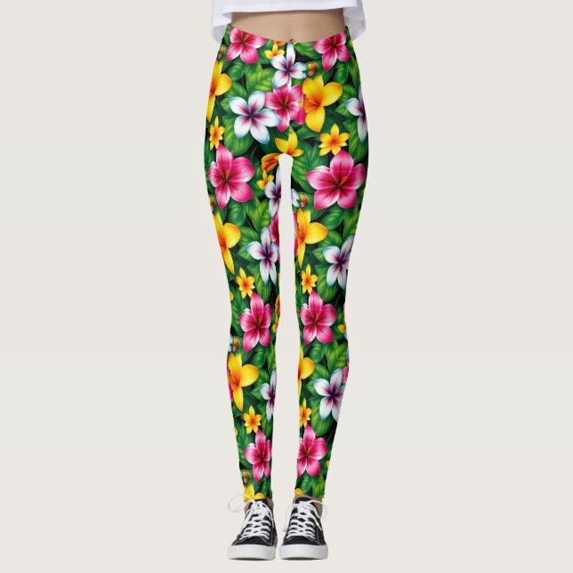 Legging Padrão de Flores e Folhas Multicoloridas-57577 (Frente)