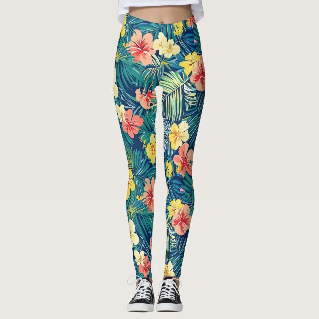 Legging Padrão de flores exóticas coloridas (Frente)