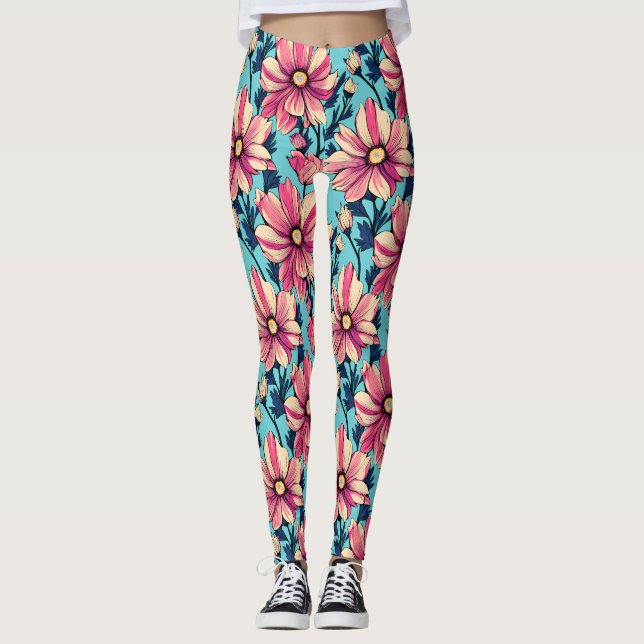 Legging Padrão de Flores Grandes Rosa e Azul (Frente)