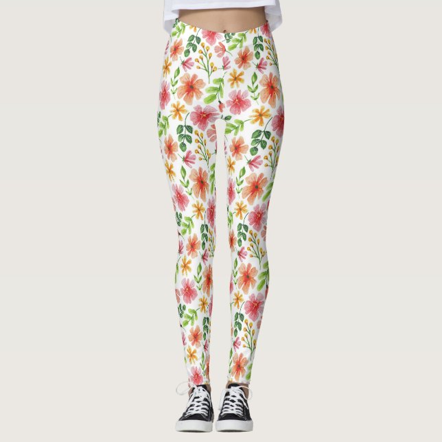 Legging Padrão de Flores Rosa em Aquarela (Frente)