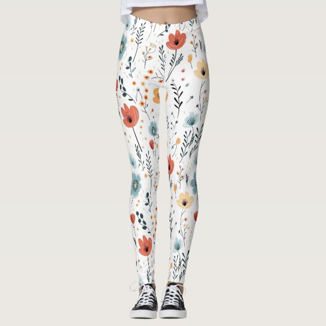 Legging Padrão de Flores Selvagens, Ferrugem, Tan, Azul (Frente)