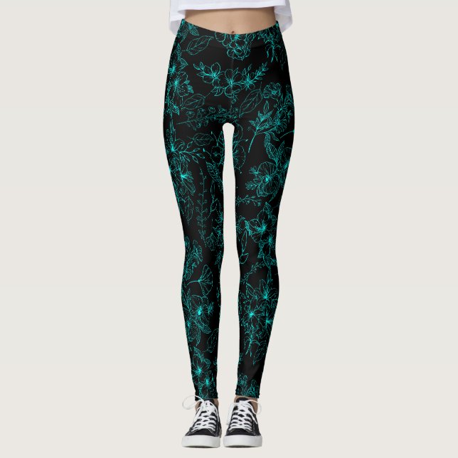 Legging Padrão de flores simples 01.b.Azul Preto BG (Frente)