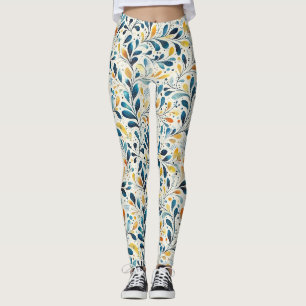 Legging Padrão de Folha Azul e Dourada (2)