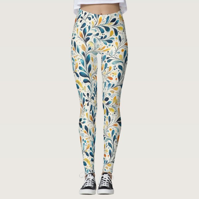 Legging Padrão de Folha Azul e Dourada (2) (Frente)