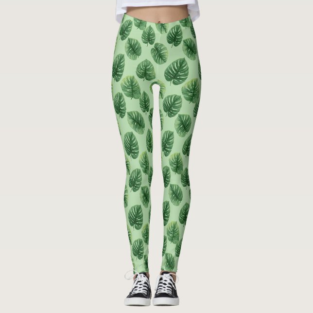Legging Padrão de Folha de Monstera em Aquarela (Frente)