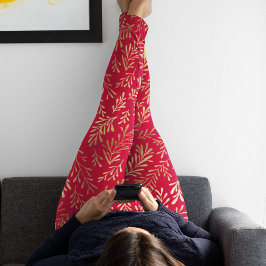 Legging Padrão de Folha Dourada Vermelha Elegante de Luxo