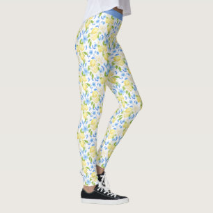 Legging Padrão de Folha Floral Azul Fruta Limão Amarelo De