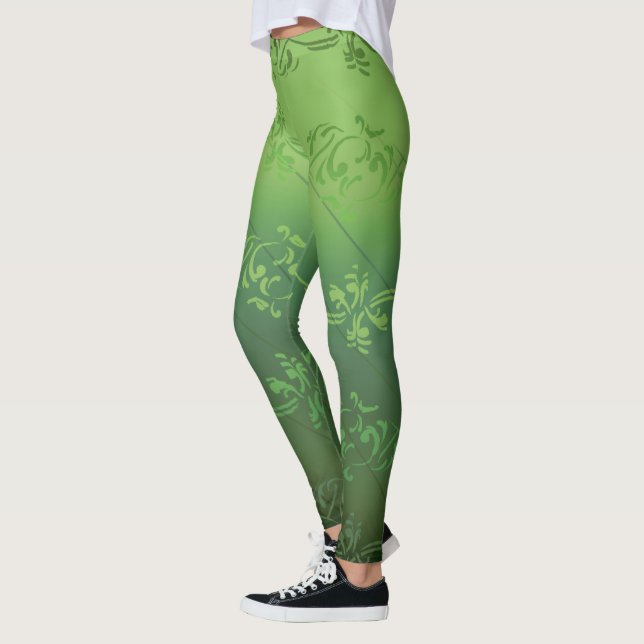 Legging Padrão de Folha Floral Listrada com Gradiente Verd (Esquerda)