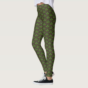 Legging Padrão de Folha Verde Moderno em Castanho