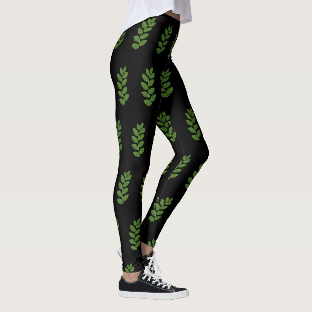 Legging Padrão de Folha Verde Moderno em Preto (Direita)