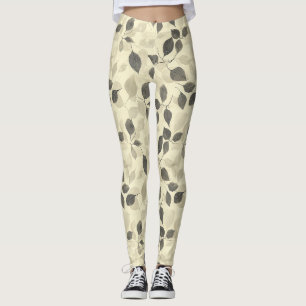Legging Padrão de Folha Verde Rústica Vintage com Base Cre