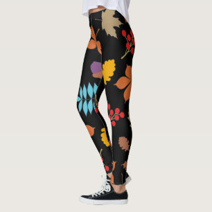 Legging Padrão de Folha Vermelha Marrom Elegante