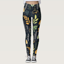 Legging Padrão de Folhagem Verde e Amarelo Elegante 