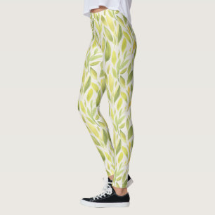 Legging Padrão de Folhas Amarelas Verde Claro Elegante 