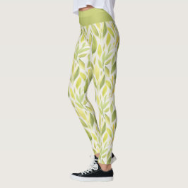 Legging Padrão de Folhas Amarelas Verdes Claras Elegantes