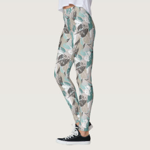 Legging Padrão de Folhas Azuis de Chic Taupe Castanho Ver