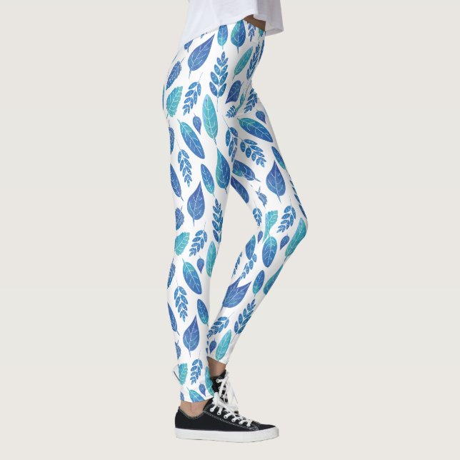 Legging Padrão de Folhas de Aquarela Azul (Direita)