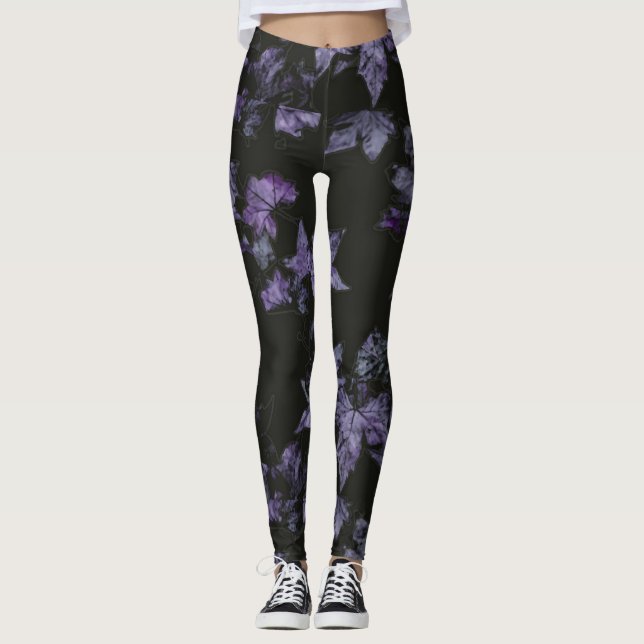 Legging Padrão de folhas de mapeamento roxo (Frente)