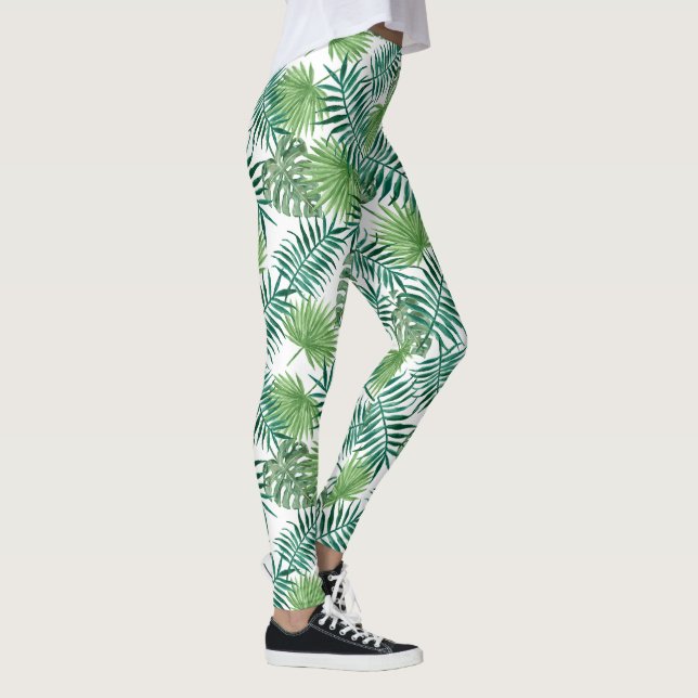 Legging Padrão de Folhas de Palmeira Verde Tropical (Direita)