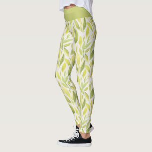 Legging Padrão de Folhas Elegantes Verde Amarelo Claro