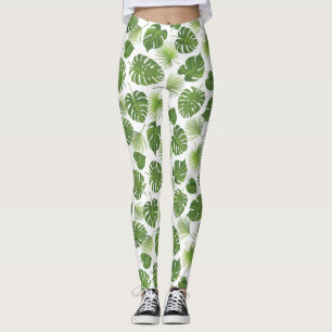 Legging Padrão de Folhas Tropicais na moda Verde