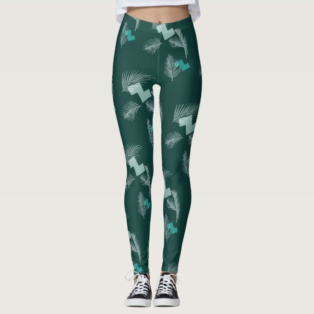 Legging Padrão de Folhas Tropicais Verde (Frente)