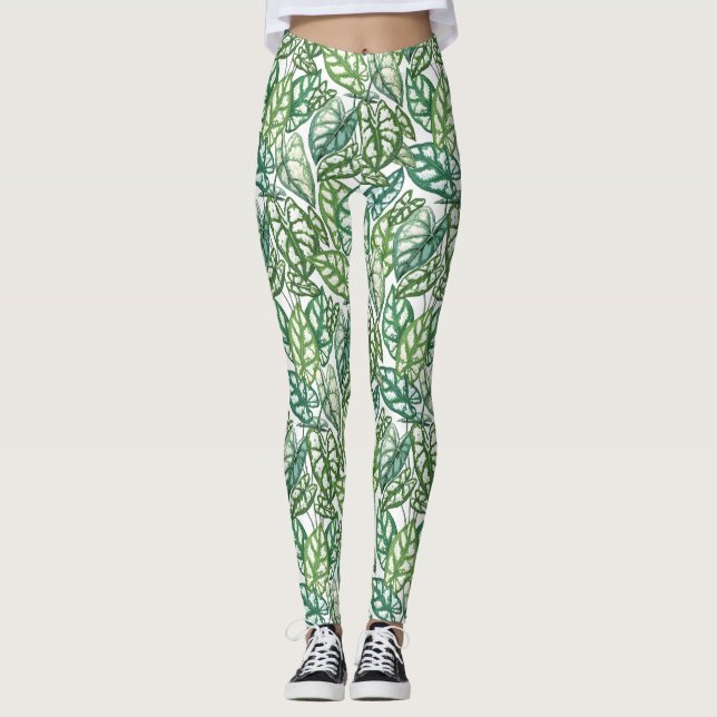 Legging Padrão de Folhas Tropicais Verdes (Frente)