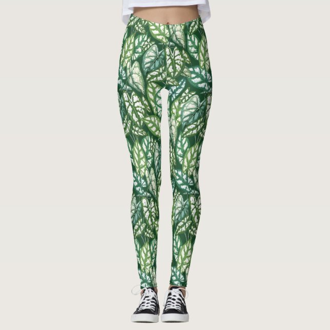 Legging Padrão de Folhas Tropicais Verdes (Frente)
