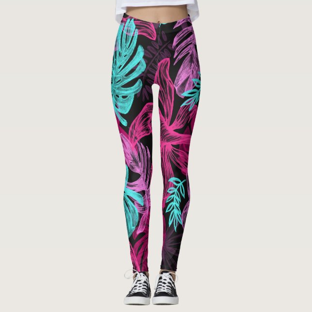 Legging Padrão de Folhas Verdes da Fuchsia Rosa (Frente)