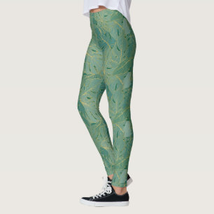 Legging Padrão de folhas verdes e douradas