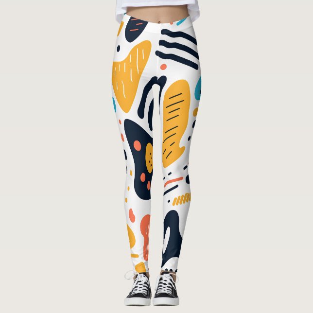 Legging Padrão de Formas Orgânicas em Estilo Memphis Abstr (Frente)