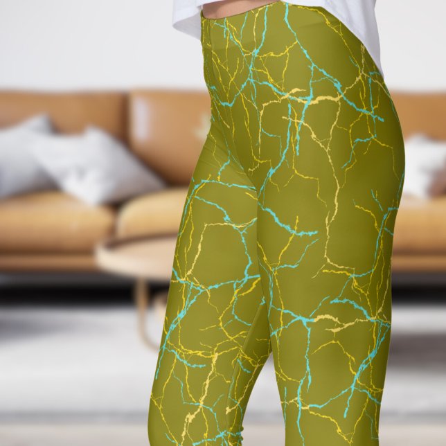 Legging Padrão de Fratura Amarela Chic Olive e Azul (Chic Olive and Blue Yellow Fracture Pattern Leggings)