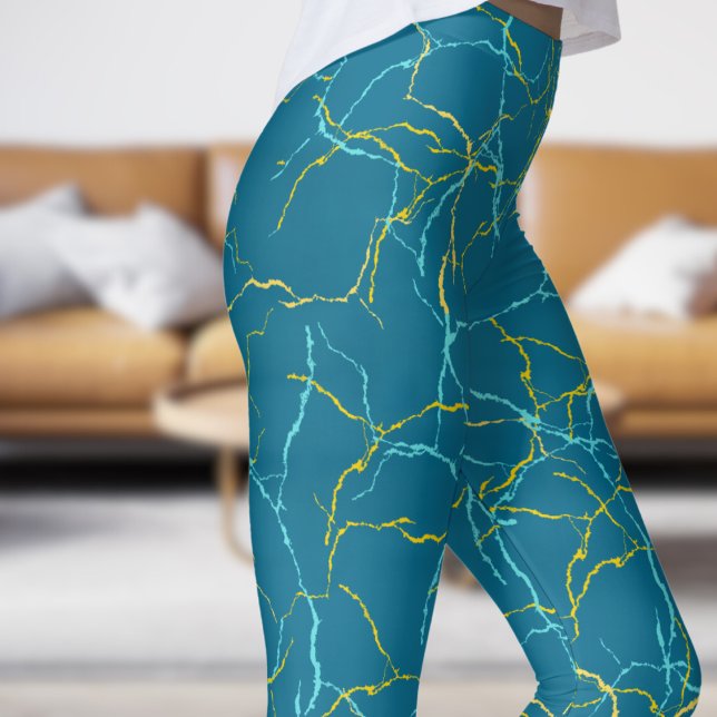 Legging Padrão de Fratura Azul Profundo e Azul Amarelo (Chic Deep Blue and Blue Yellow Fracture Pattern Leggings)