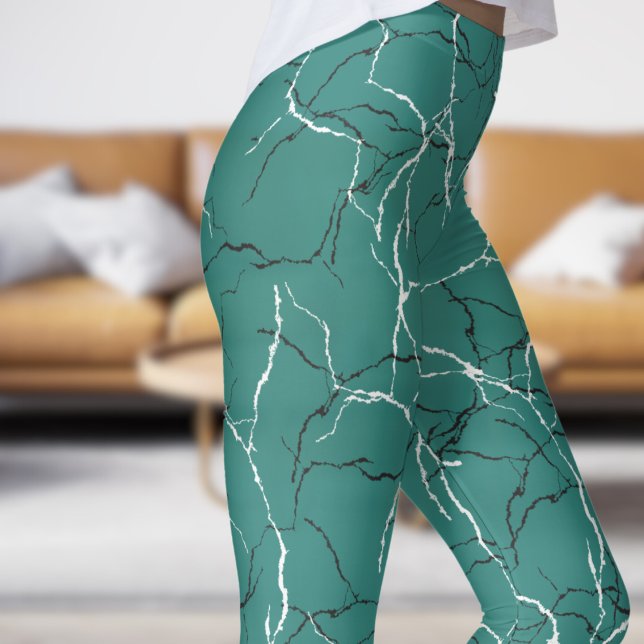 Legging Padrão de Fratura Branca Negra e Verde do Mar Chic (Chic Sea Green and Black White Fracture Pattern Leggings)