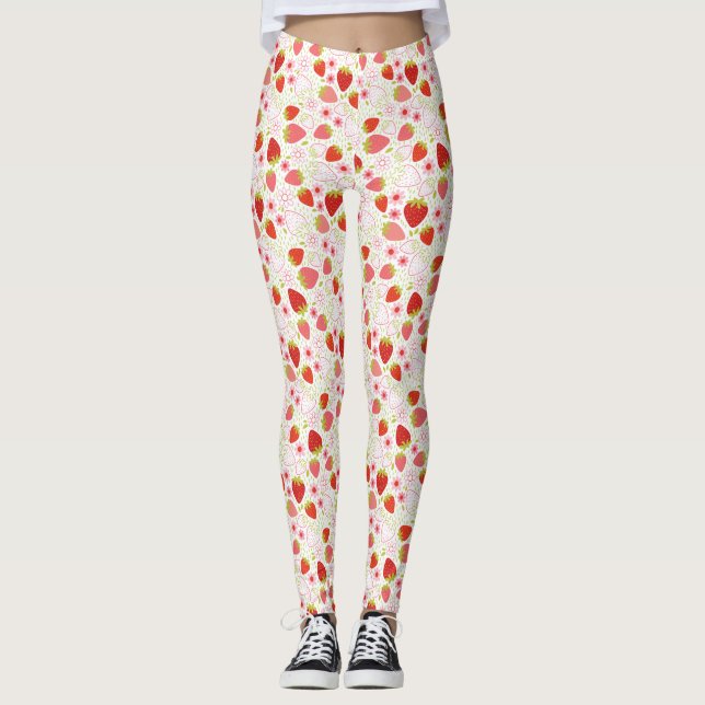 Legging Padrão de Fruta de Morango Vermelho Cinto (Frente)