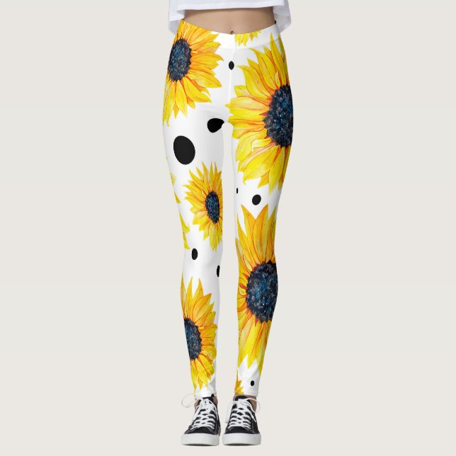 Legging Padrão de fundo branco dos girassóis amarelos (Frente)