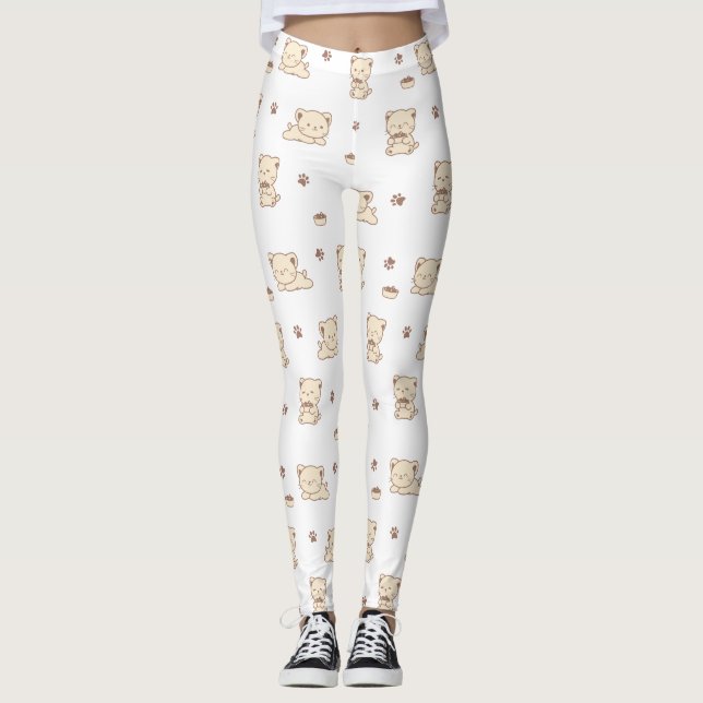 Legging Padrão de Gato Bege Fofo (2) (Frente)