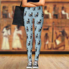 Legging Padrão de Gato Preto Egípcio Azul Empoeirado