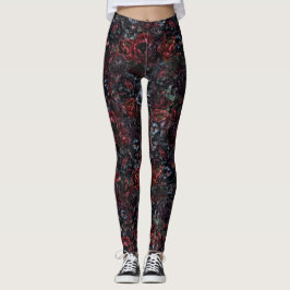 Legging Padrão de Gato Preto Gótico e Flores Escuras