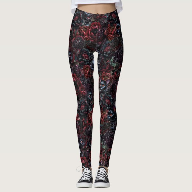 Legging Padrão de Gato Preto Gótico e Flores Escuras (Frente)