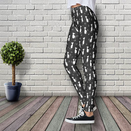 Legging Padrão de Gatos Brancos em Preto