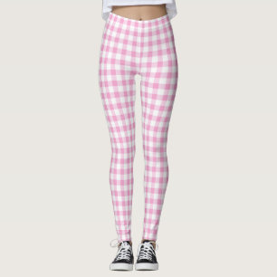Legging Padrão de Gingham Branco e Rosa Elegante