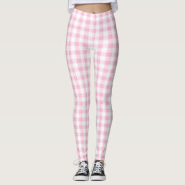 Legging Padrão de Gingham Branco e Rosa Elegante