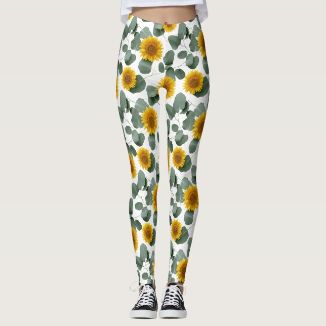 Legging Padrão de Girassóis com Folhas de Eucalipto (Frente)