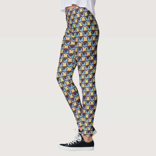 Legging Padrão de Grade Geométrica Abstrata Azul e Âmbar 1 (Esquerda)